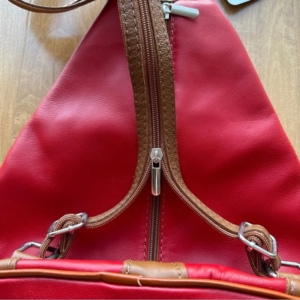 Vera Pelle Genuine Soft Italian Leather Backpack/Rucksack Shoulder Bag, Red/Tan